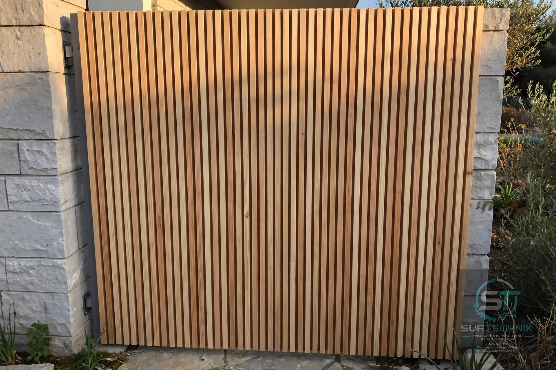Puerta corredera de lamas verticales imitación madera - Surtechnik