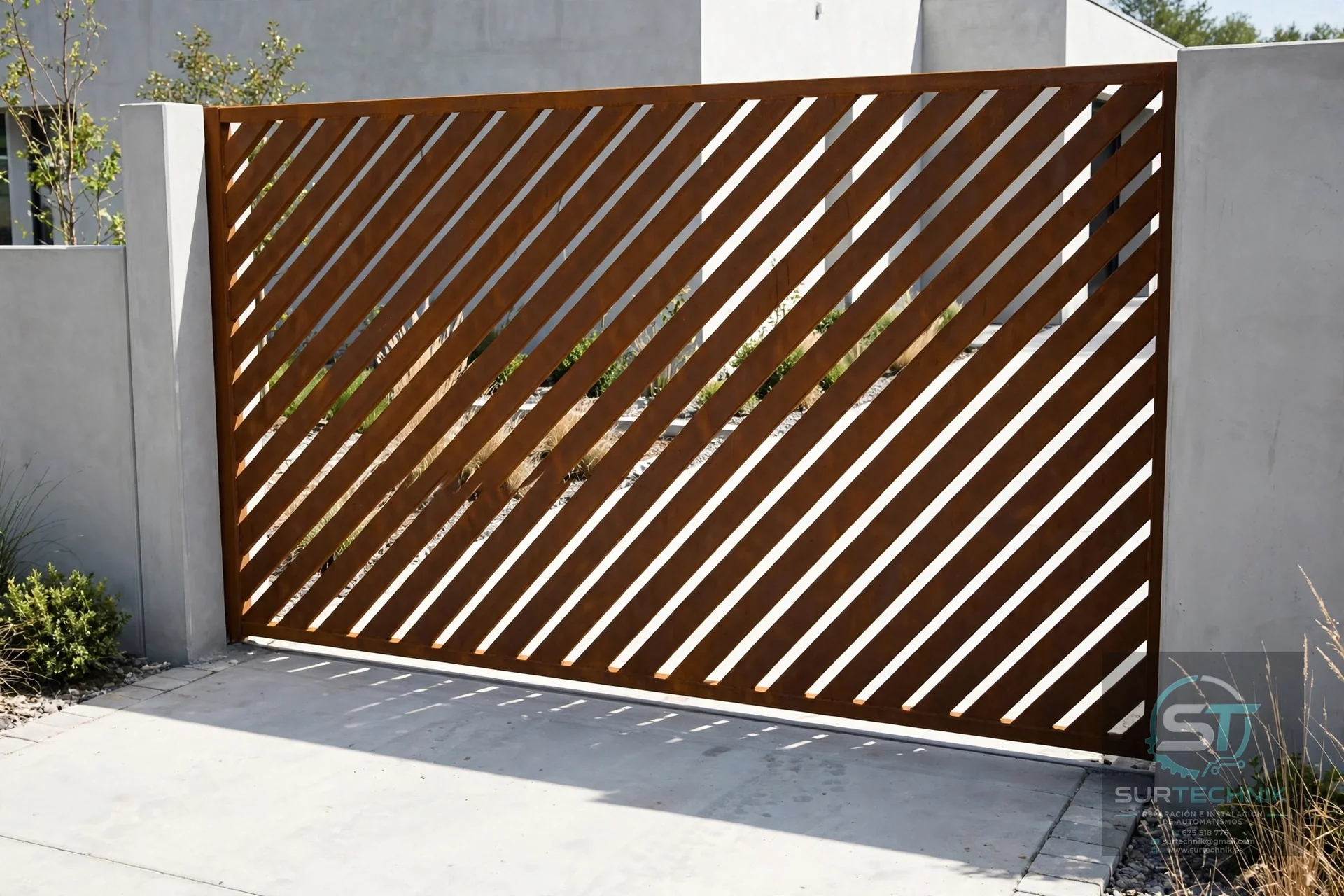 Puerta corredera de lamas diagonales en tono madera oscuro - Surtechnik
