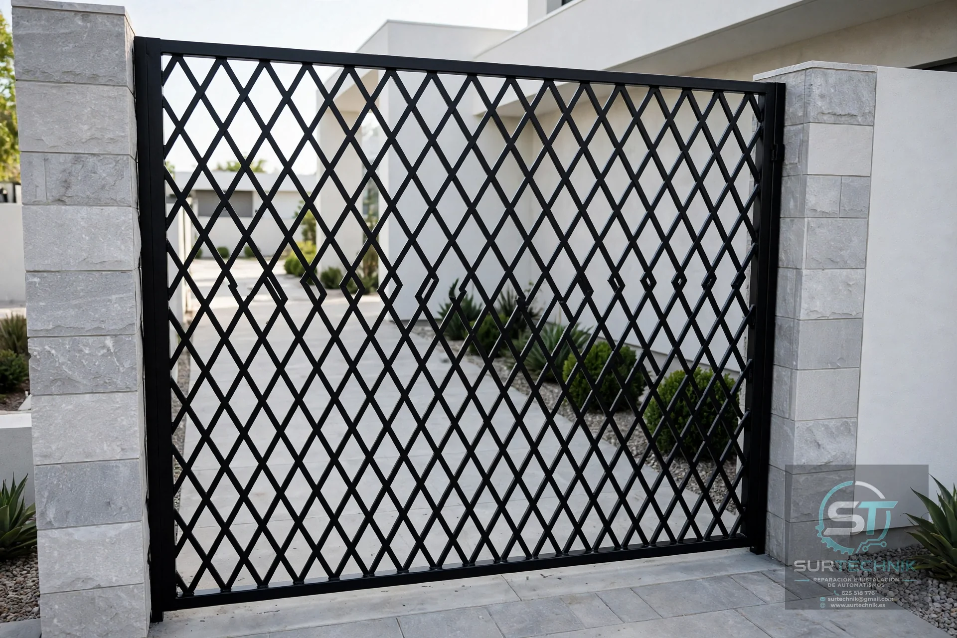 Cancela de malla romboidal negra para acceso peatonal - Surtechnik