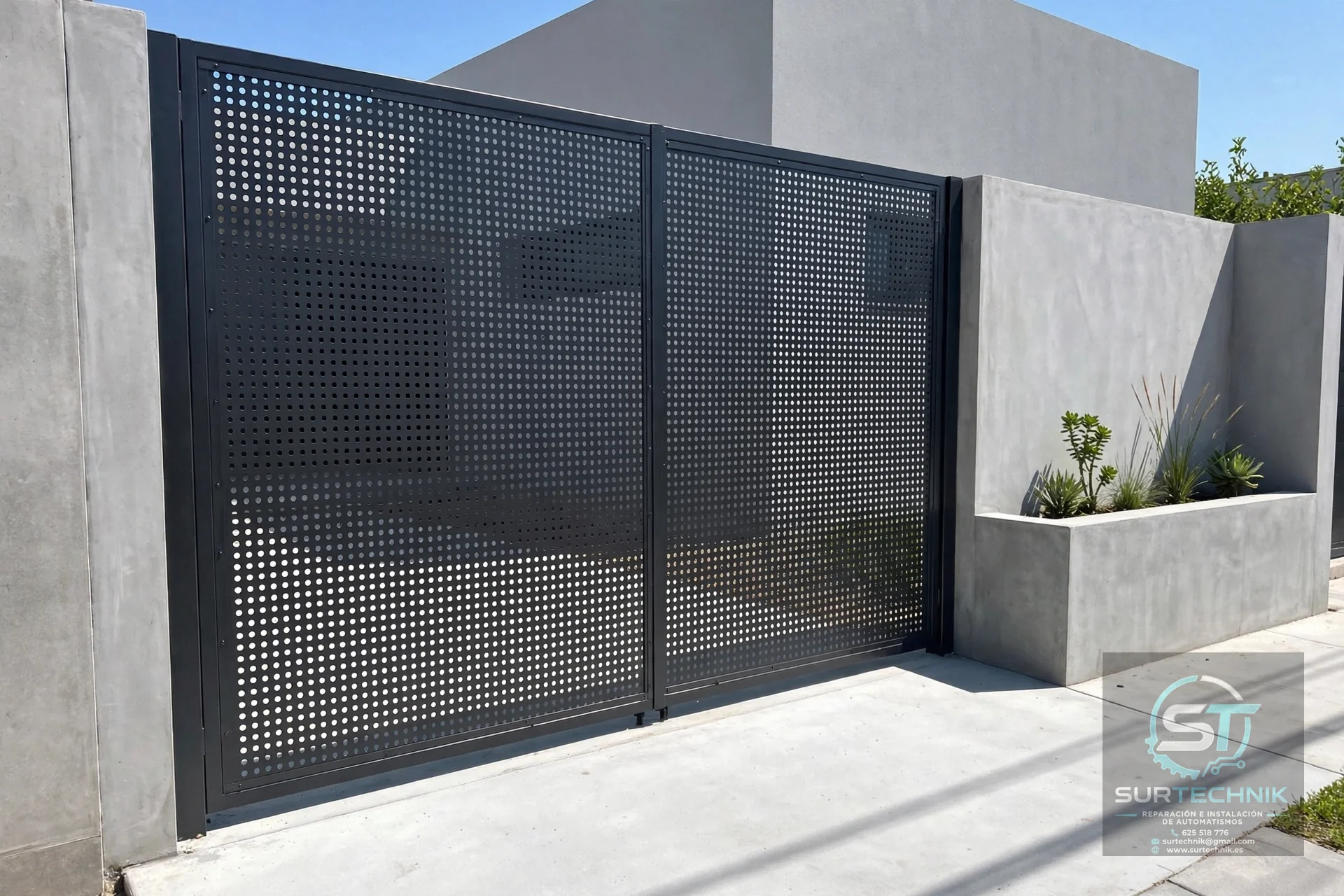 Puerta corredera negra con diseño de corte láser abstracto - Surtechnik