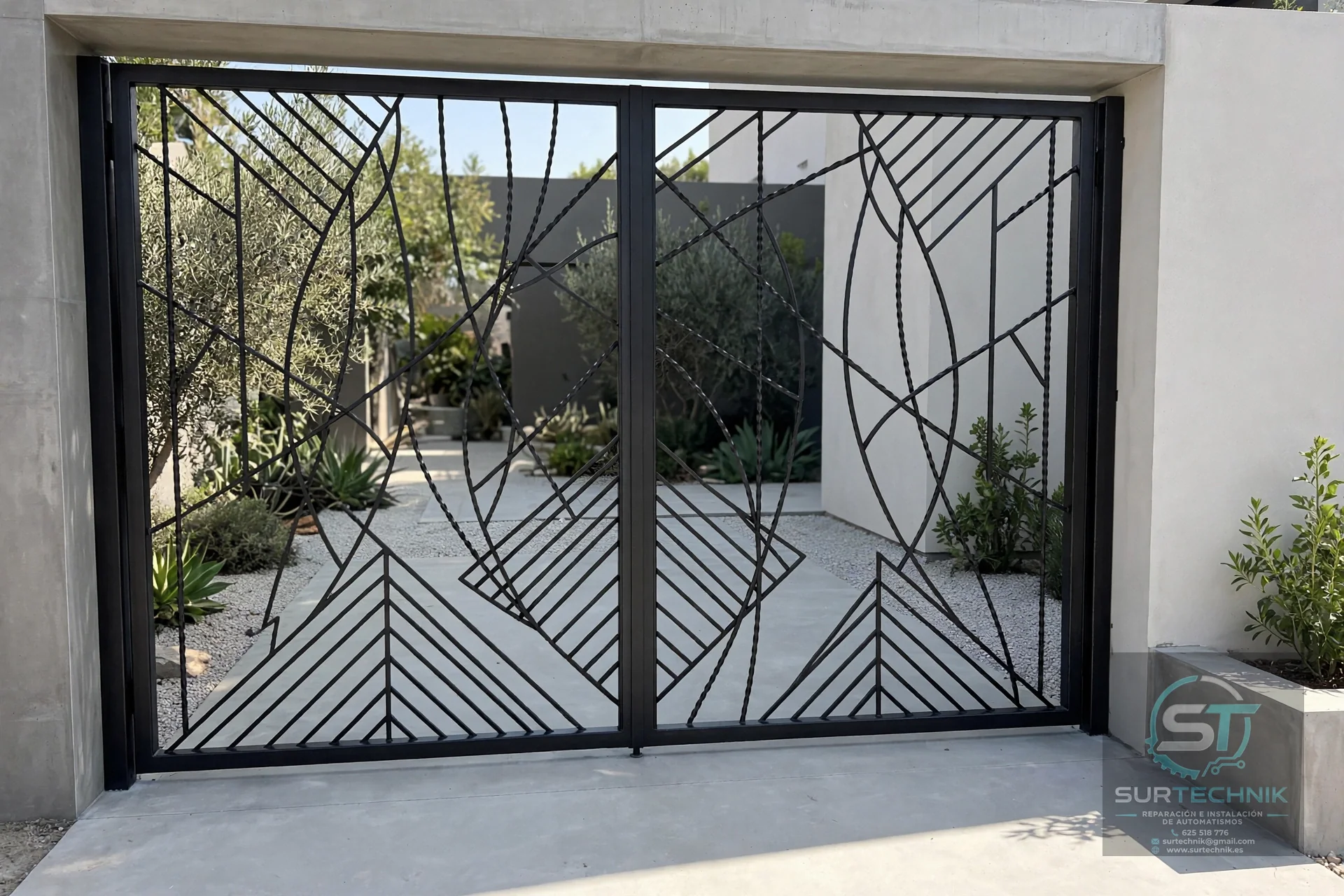 Cancela doble abatible con forja artística diseño ramas - Surtechnik