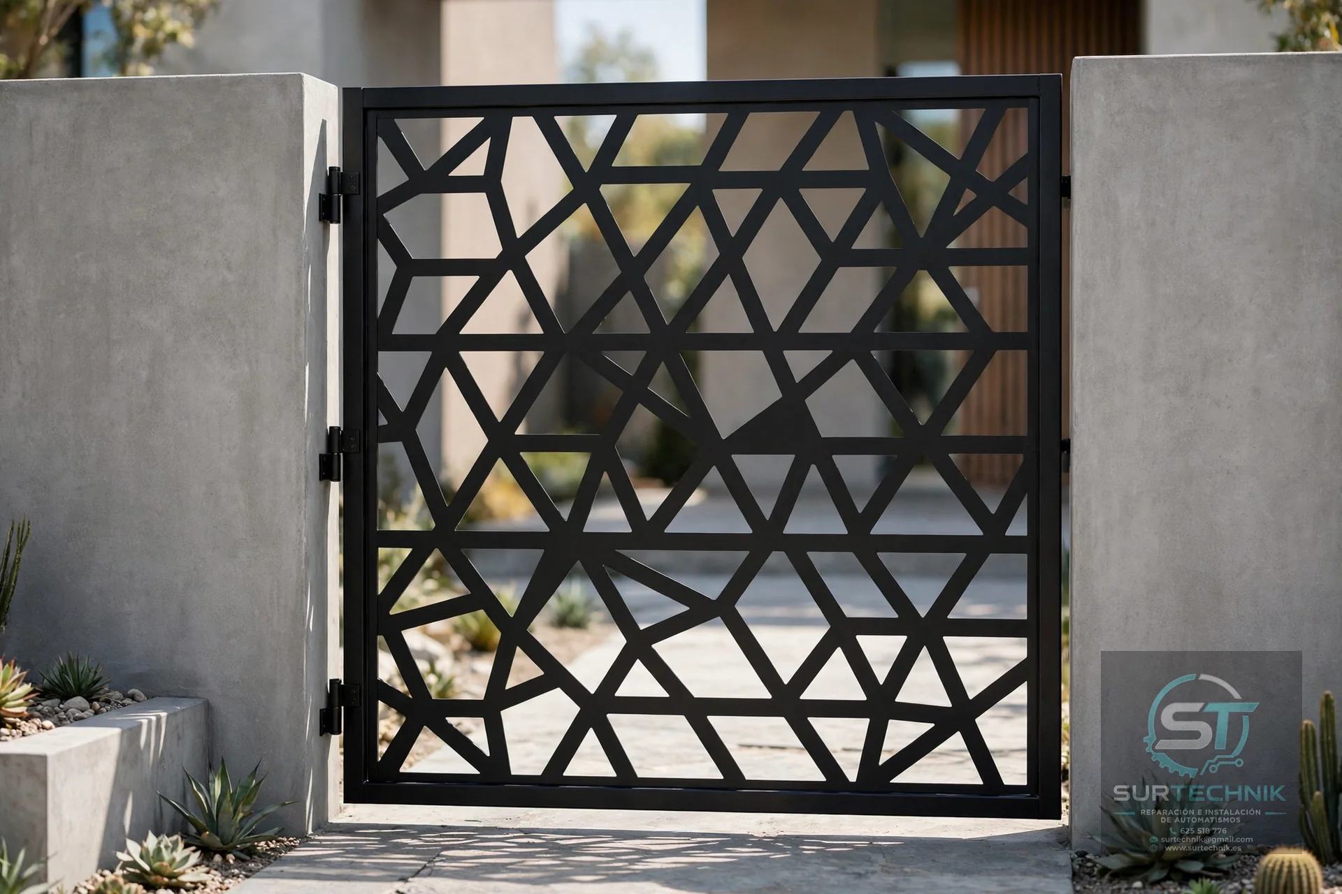 Cancela peatonal negra con patrón geométrico de rombos - Surtechnik