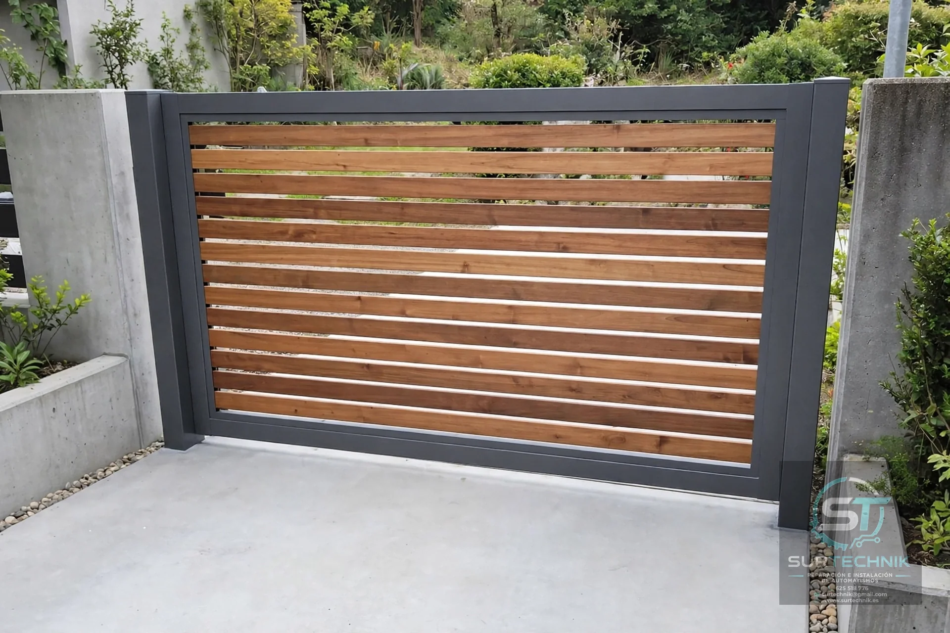 Puerta corredera con marco negro y lamas horizontales de madera - Surtechnik