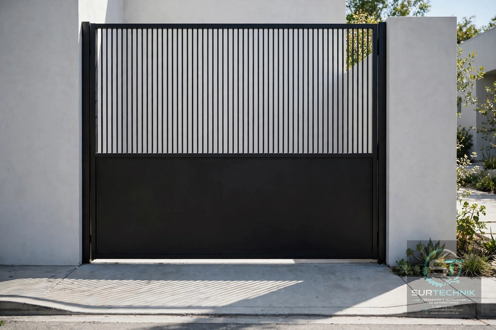 Puerta corredera negra con barrotes verticales superiores - Surtechnik