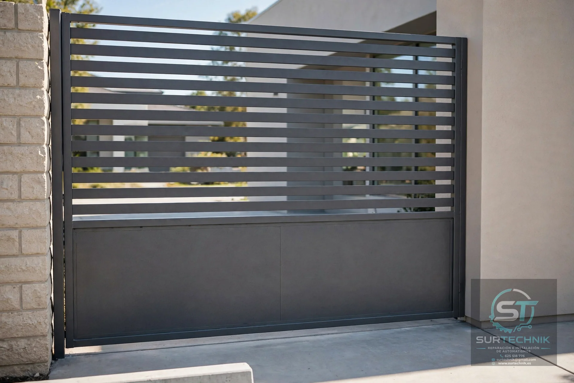 Puerta corredera gris oscura con lamas horizontales y rejilla superior - Surtechnik