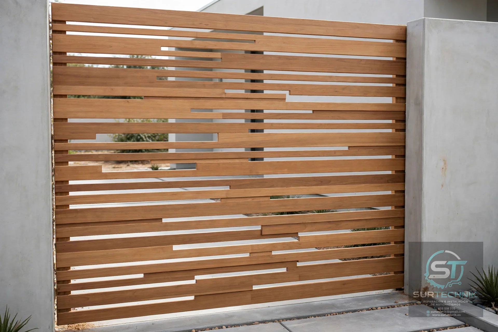 Puerta corredera de lamas horizontales de madera clara - Surtechnik